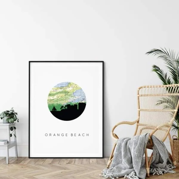 Orange Beach, Alabama city skyline with vintage Orange Beach map