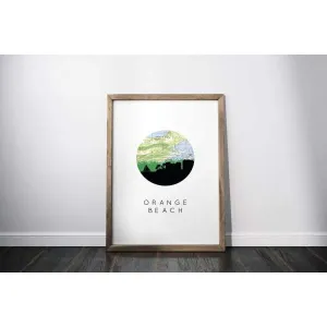 Orange Beach, Alabama city skyline with vintage Orange Beach map