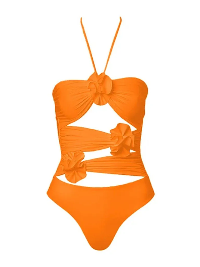 Orange Handmade Flower Halter Ruffles One Piece With Bathing Suit Wrap Skirt