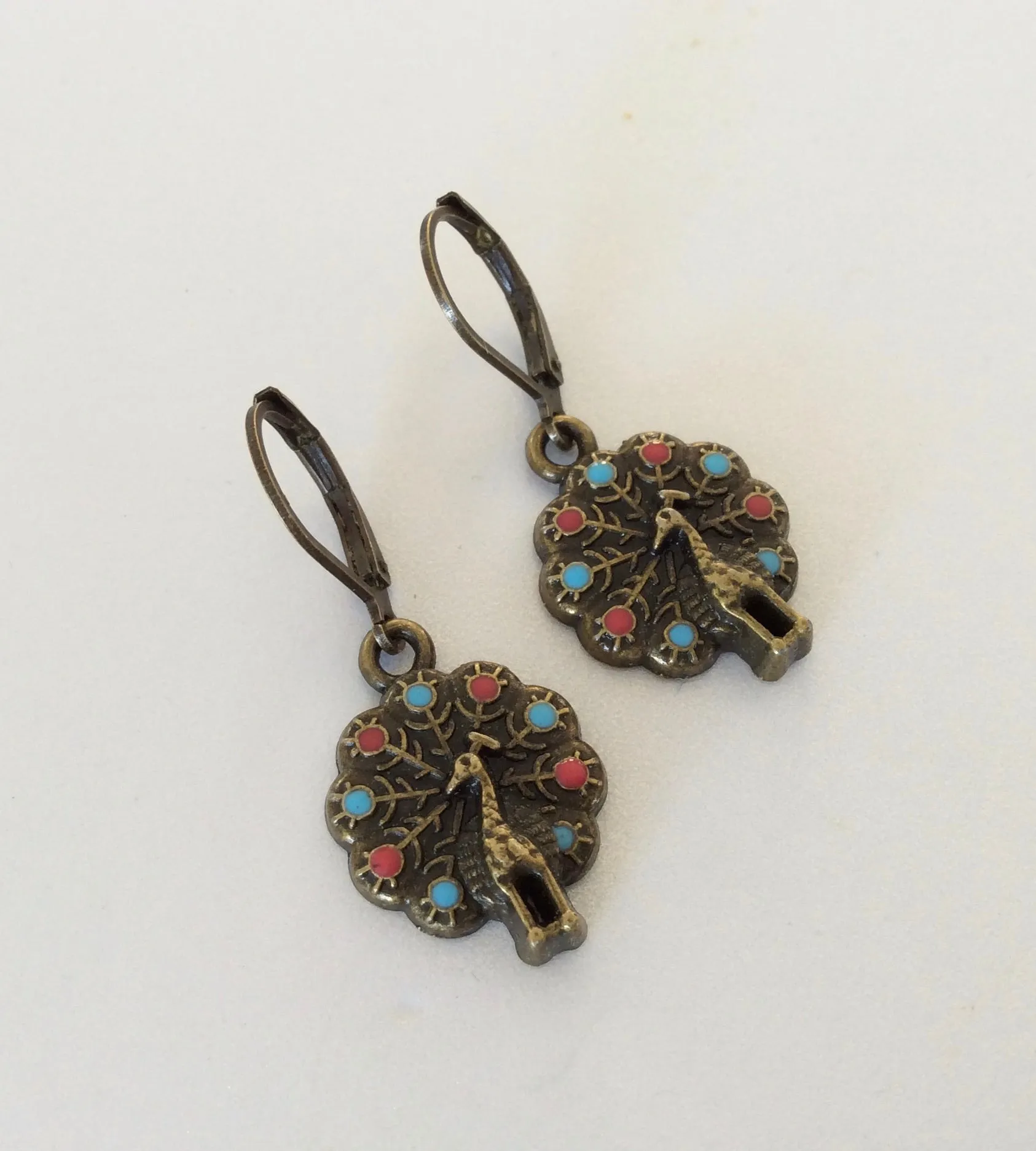 Peacock Earrings Brass and Resin Painted Peacock Earrings Peacock Jewelry Lever Back
