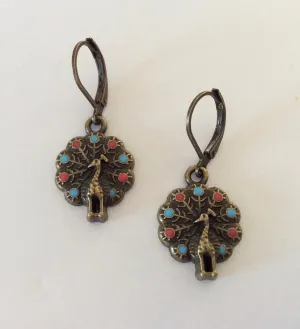 Peacock Earrings Brass and Resin Painted Peacock Earrings Peacock Jewelry Lever Back