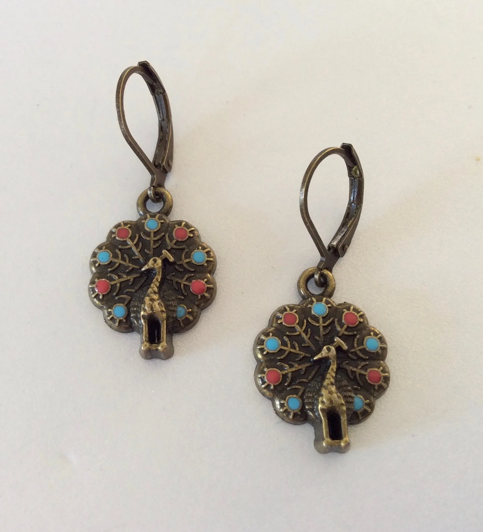 Peacock Earrings Brass and Resin Painted Peacock Earrings Peacock Jewelry Lever Back