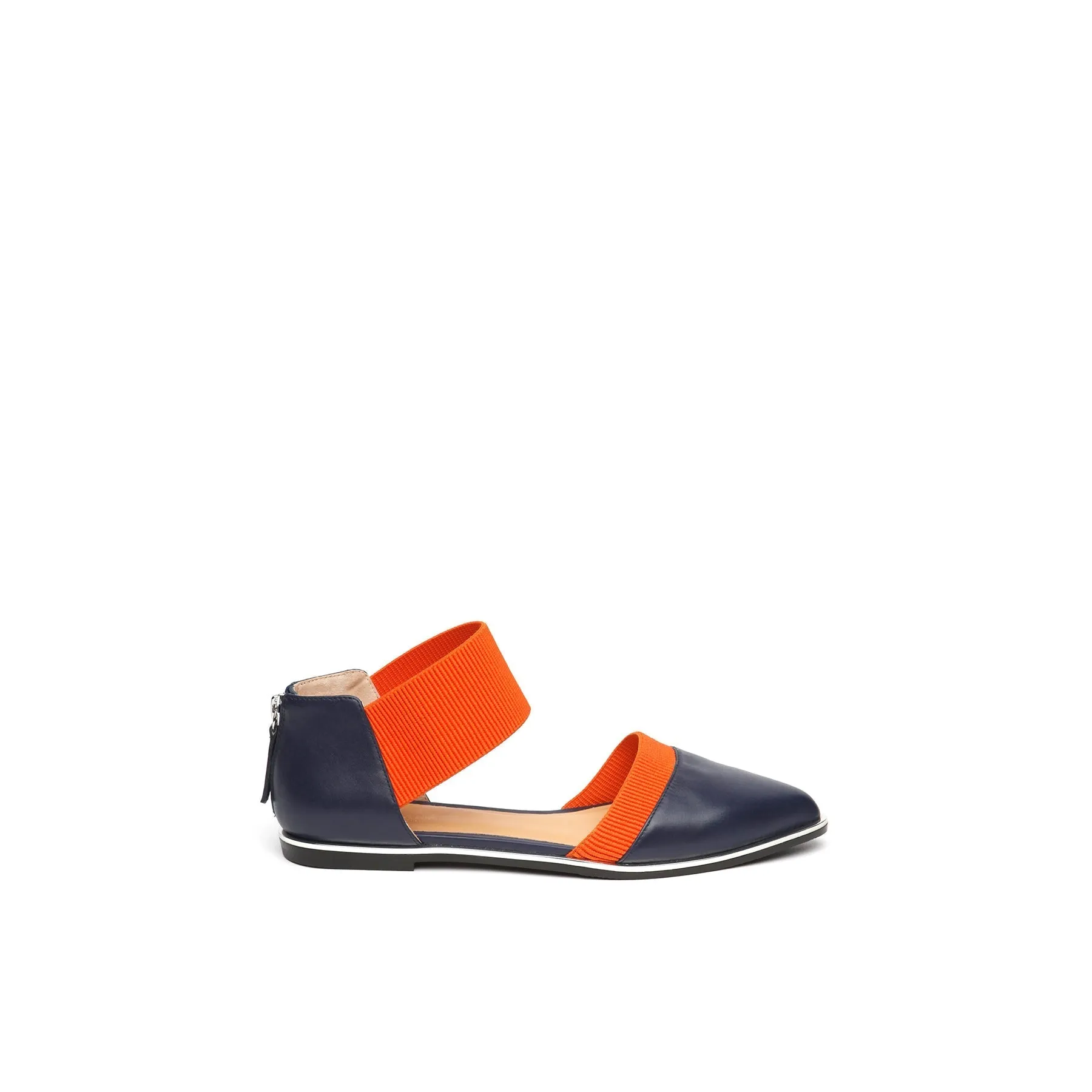 Pointed Leather Ankle-Strap Flat - Navy