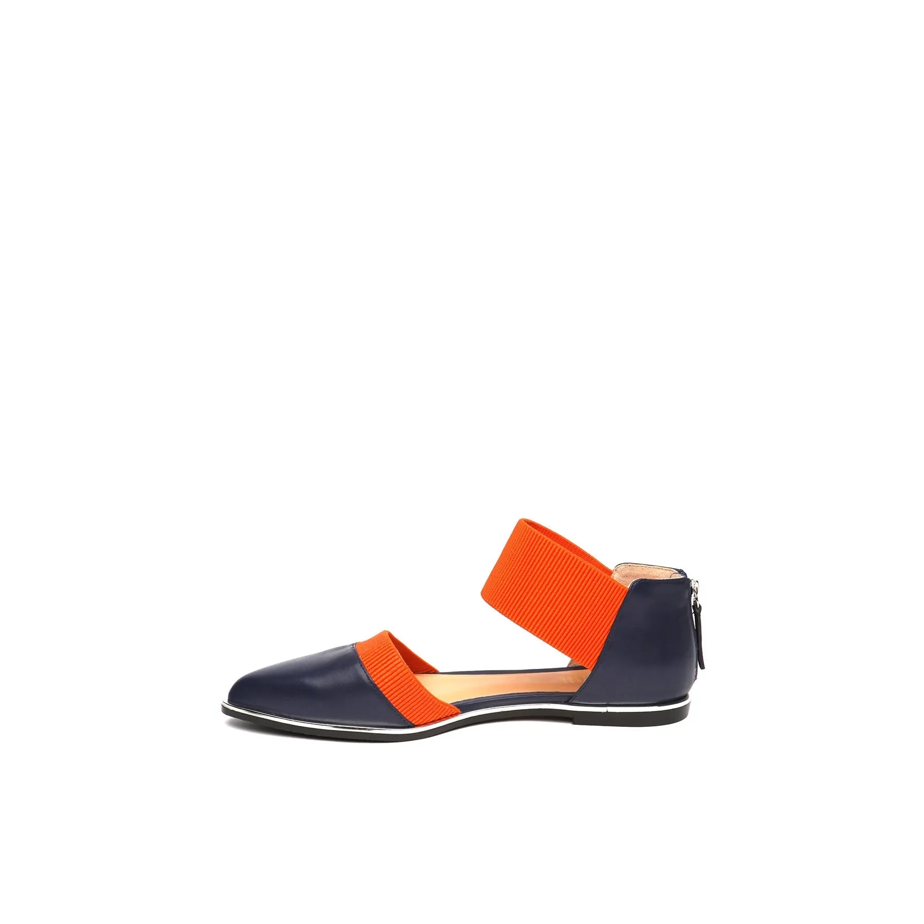 Pointed Leather Ankle-Strap Flat - Navy
