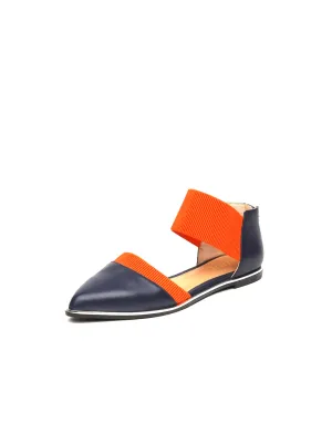 Pointed Leather Ankle-Strap Flat - Navy