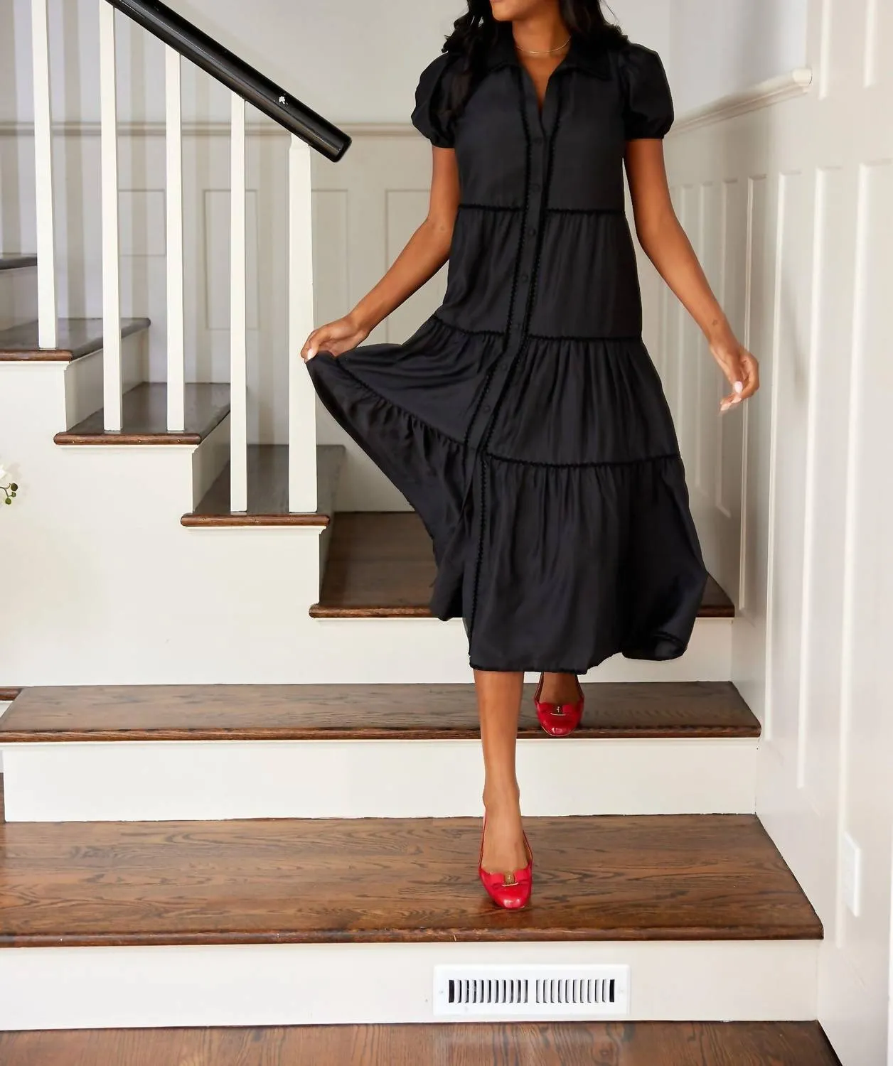 Puff Sleeve Midi Shirt Dress In Black
