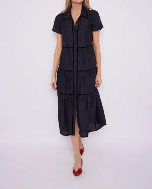 Puff Sleeve Midi Shirt Dress In Black