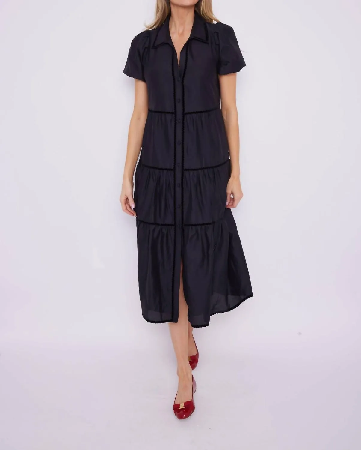 Puff Sleeve Midi Shirt Dress In Black