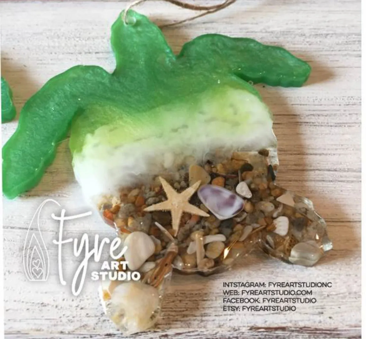 Sea Turtle Ocean Beach Wave Shore Ornament. Light Green Sea Turtle shaped with real OBX shells and resin ocean wave.