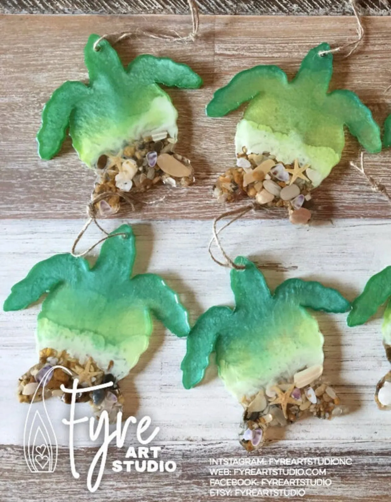 Sea Turtle Ocean Beach Wave Shore Ornament. Light Green Sea Turtle shaped with real OBX shells and resin ocean wave.