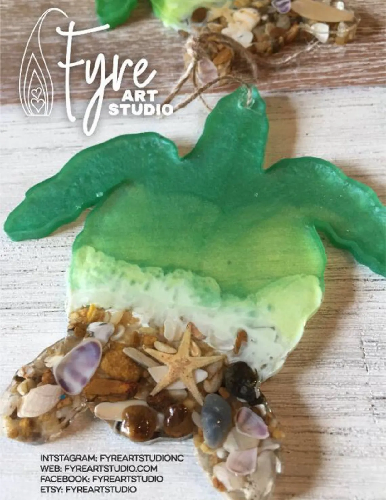 Sea Turtle Ocean Beach Wave Shore Ornament. Light Green Sea Turtle shaped with real OBX shells and resin ocean wave.