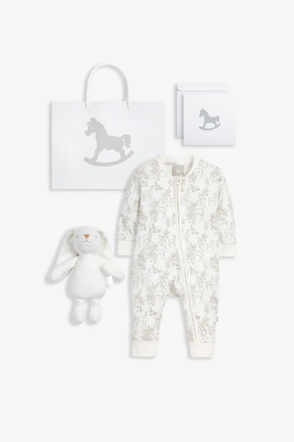 Sleepsuit and Bunny Gift Set, white woodland print