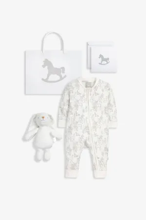 Sleepsuit and Bunny Gift Set, white woodland print