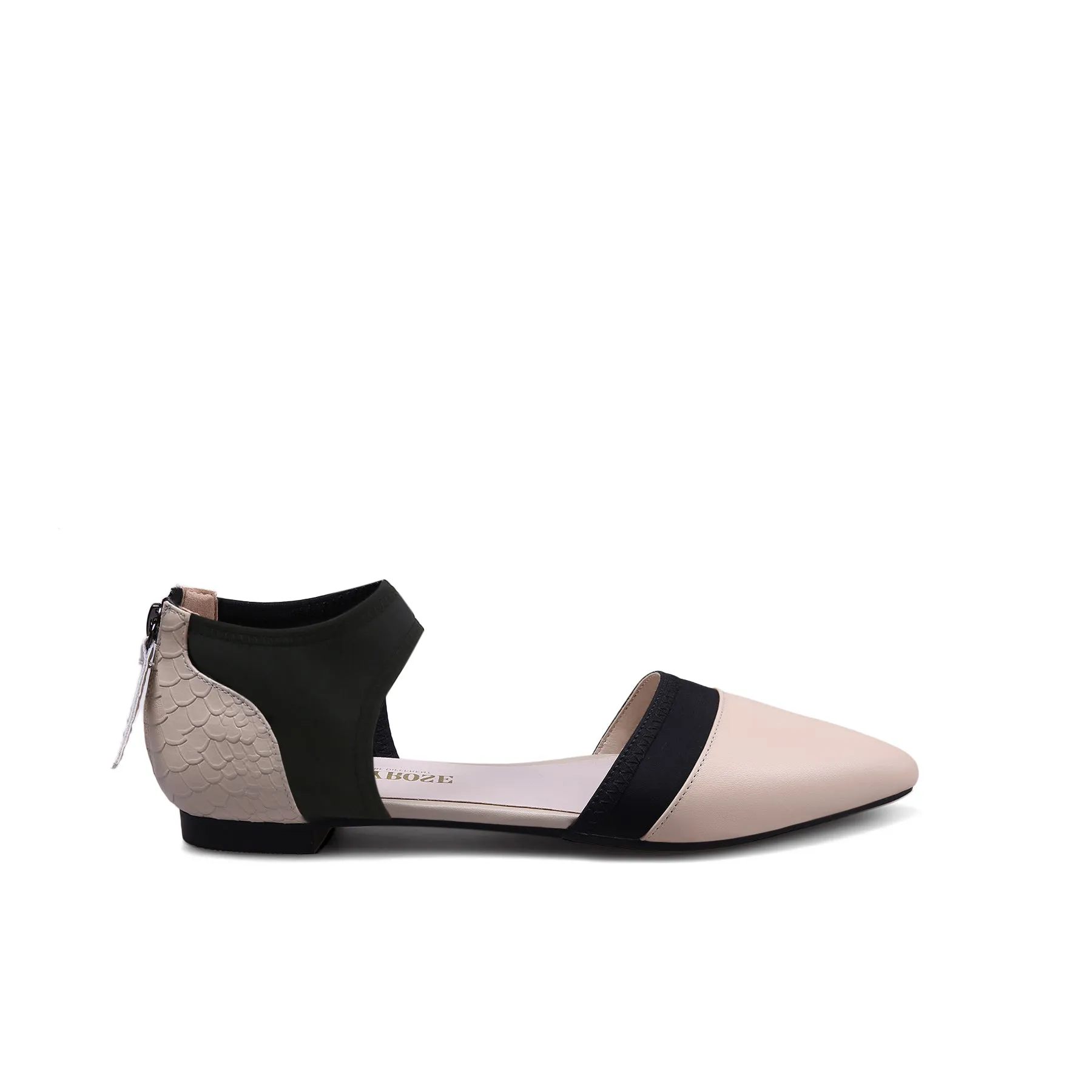 Snake Embossed Pointed Leather Flat - Taupe