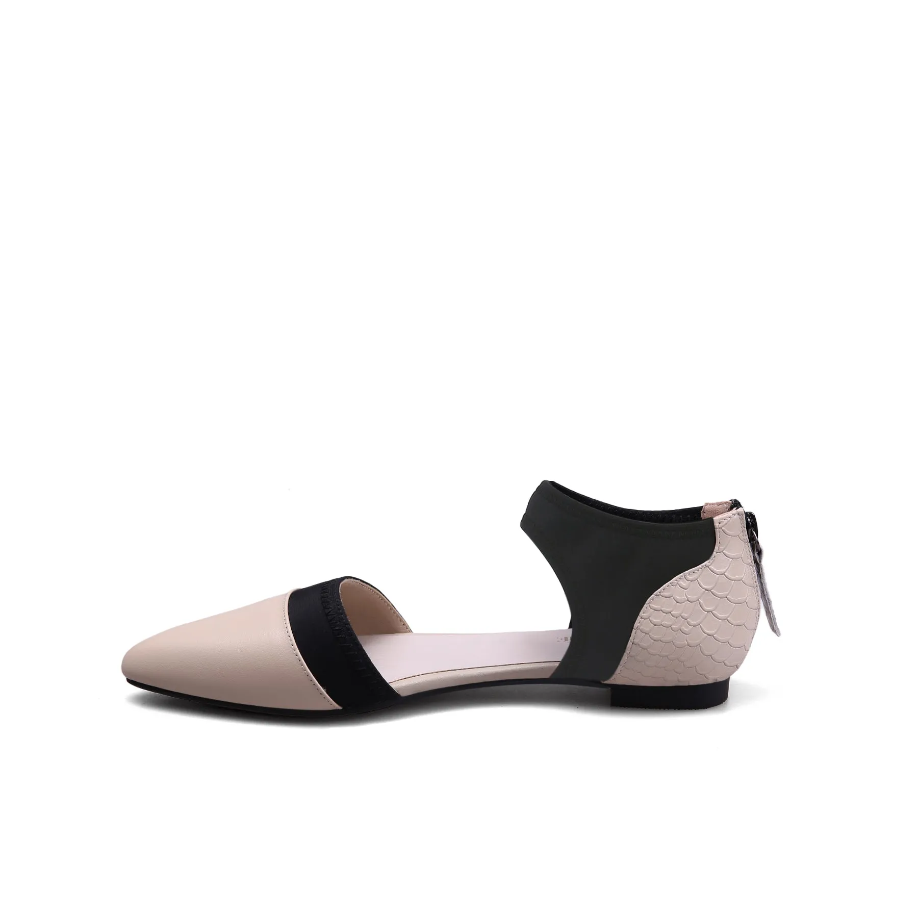 Snake Embossed Pointed Leather Flat - Taupe