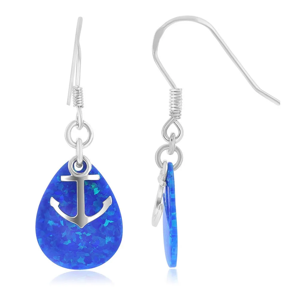 Sterling Silver Anchor and Created Opal Teardrop Earrings (93202)