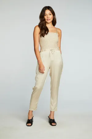 Stretch Silky Basics Smocked Drawstring Waist Jumpsuit