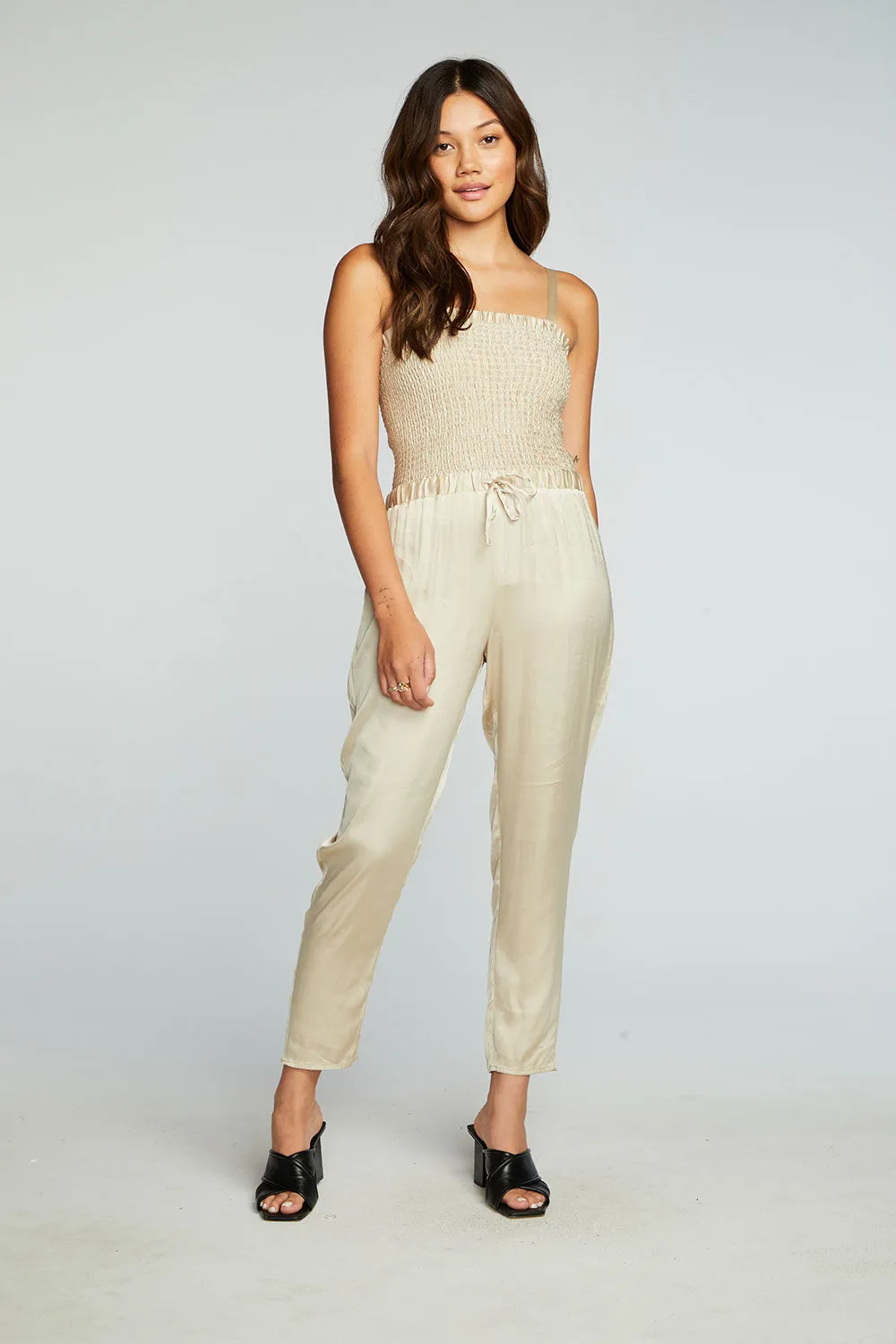 Stretch Silky Basics Smocked Drawstring Waist Jumpsuit