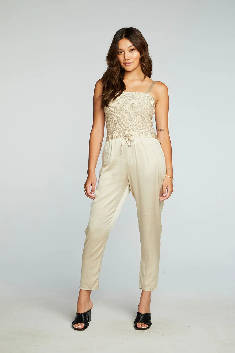 Stretch Silky Basics Smocked Drawstring Waist Jumpsuit