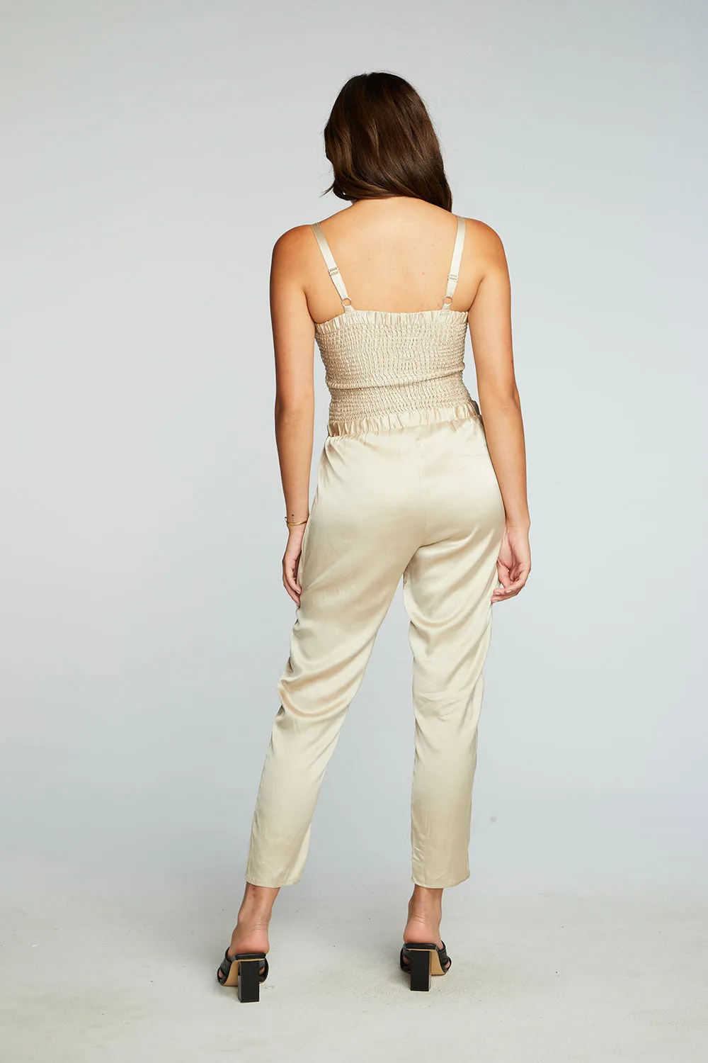 Stretch Silky Basics Smocked Drawstring Waist Jumpsuit