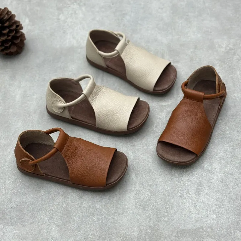 Vintage Soft Leather Peep Toe Sandals Comfortable Summer Flats