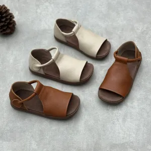 Vintage Soft Leather Peep Toe Sandals Comfortable Summer Flats