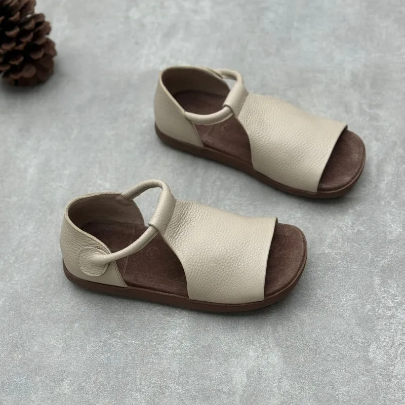 Vintage Soft Leather Peep Toe Sandals Comfortable Summer Flats