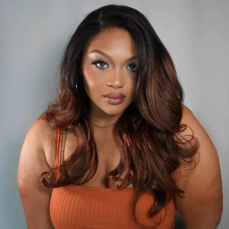 Yaki Body Black Brown Ombre Invisi Strap 360 Skin Lace Frontal Glueless Lay Flat Human Hair Wig