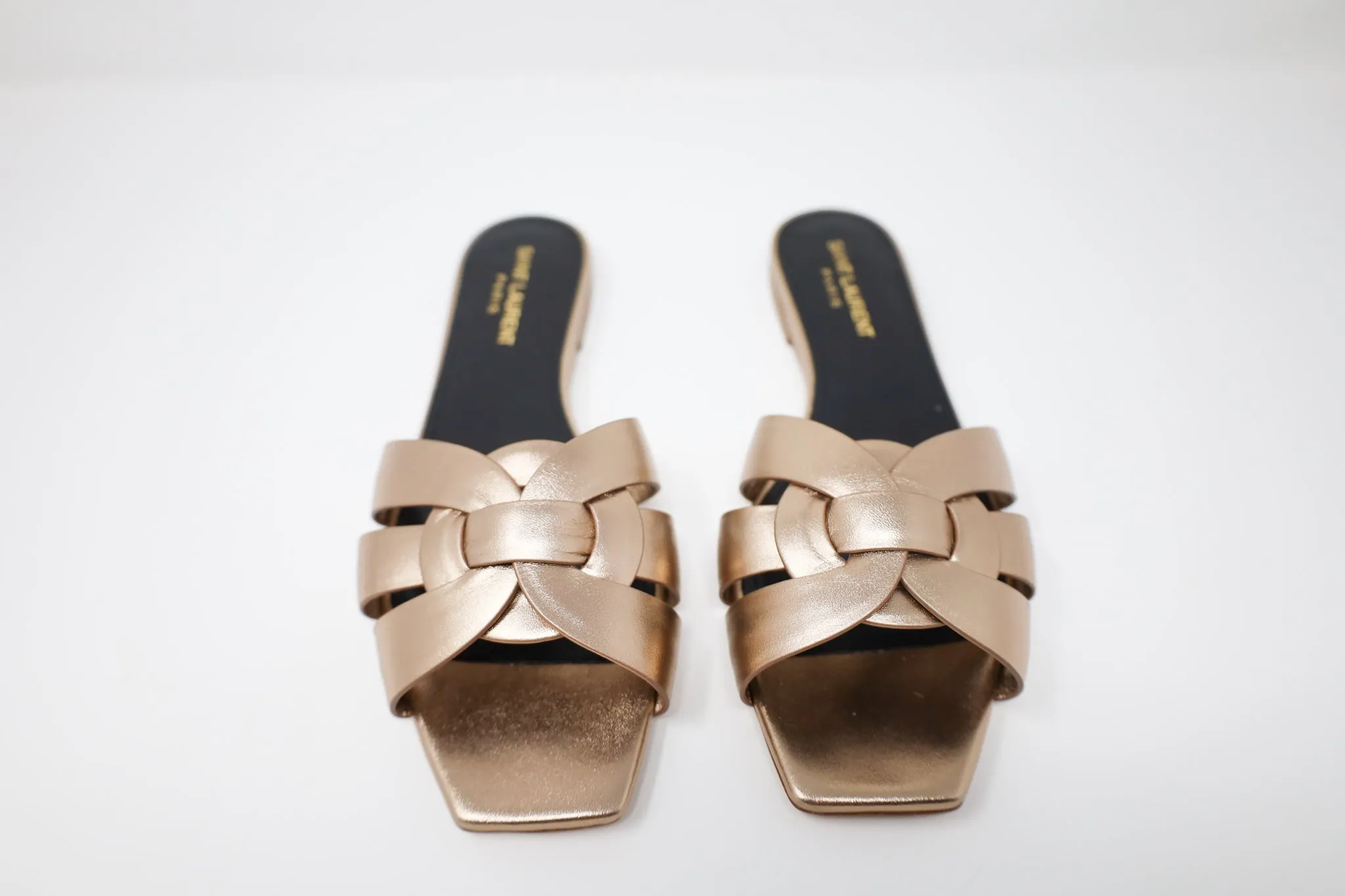 Yves Saint Laurent Tribute Flat Sandals in Metallic Leather