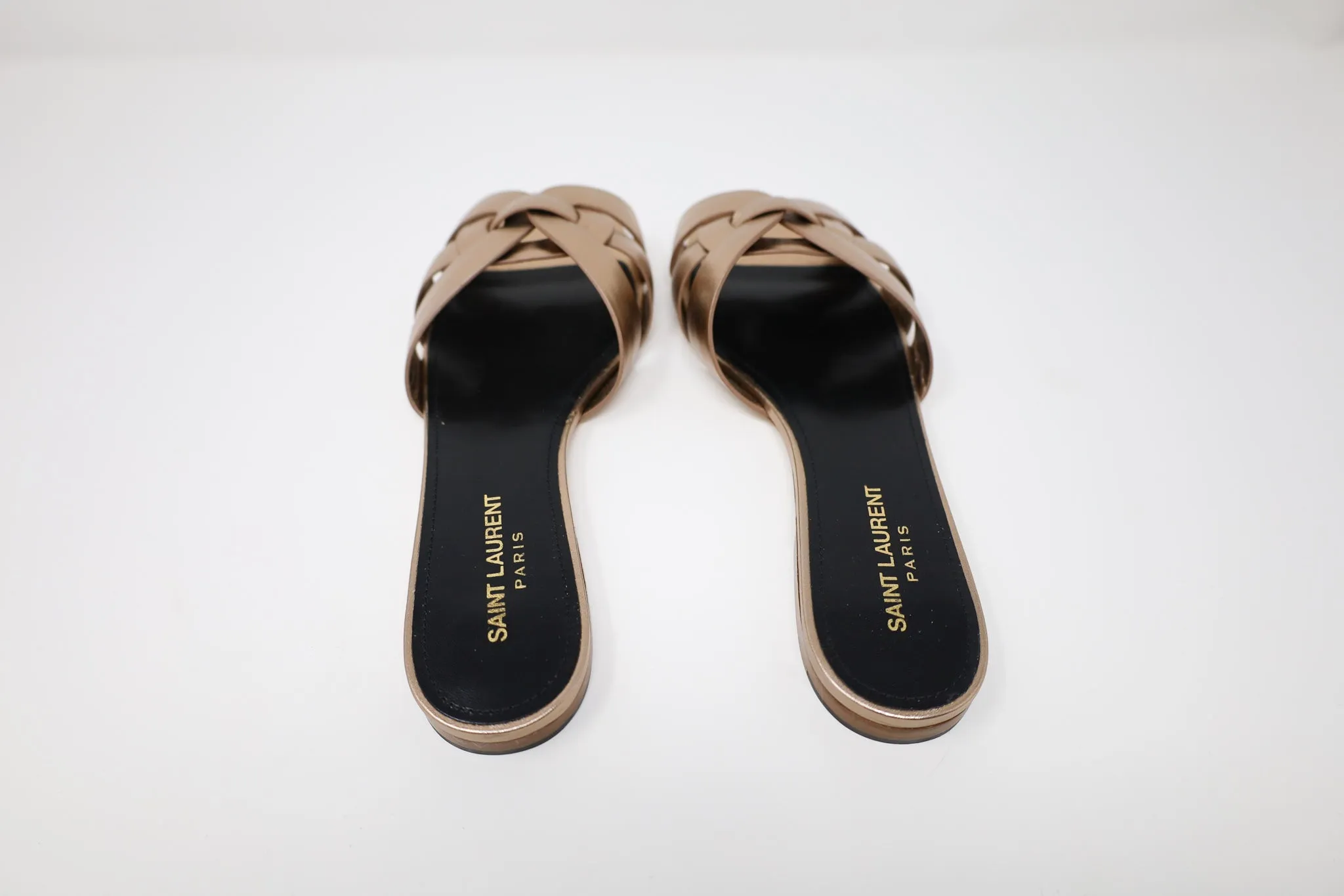 Yves Saint Laurent Tribute Flat Sandals in Metallic Leather
