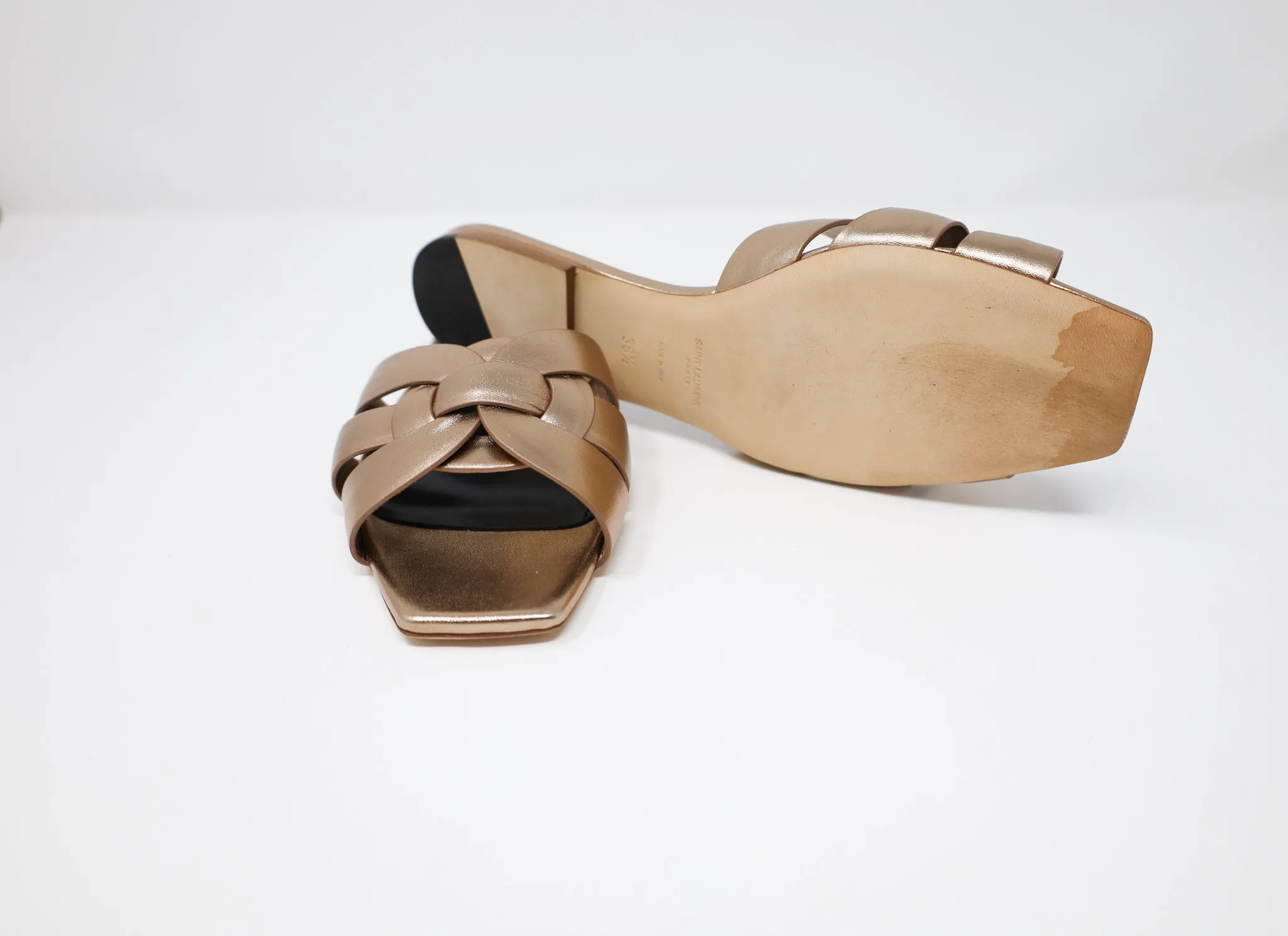 Yves Saint Laurent Tribute Flat Sandals in Metallic Leather