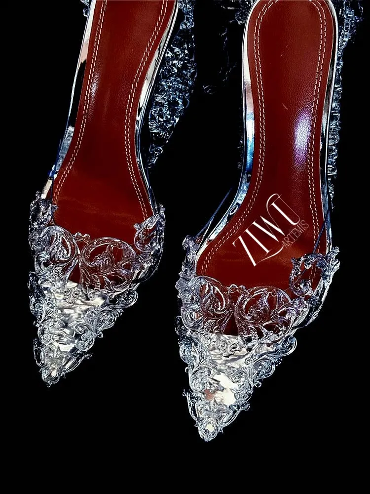 ZIWU ARTEMIS CRYSTAL FROST FLOWER RESIN  EMBELLISHED MULES SHOES