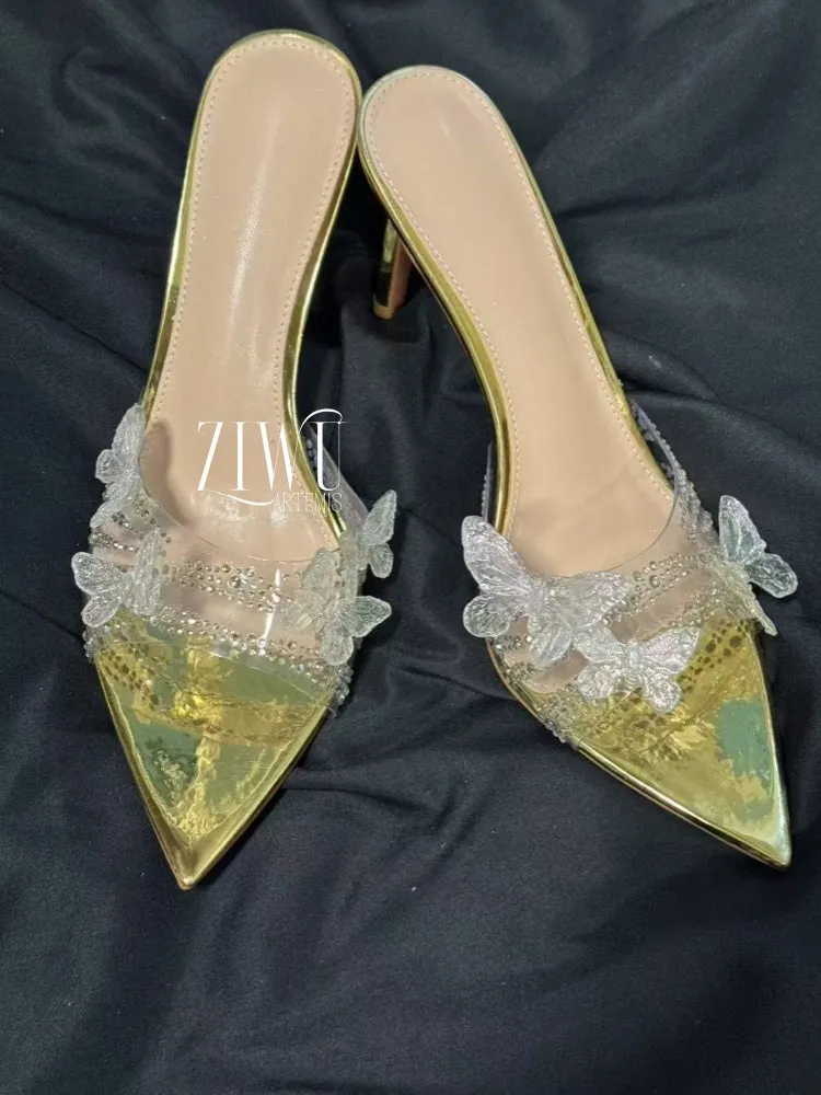 ZIWU ARTEMIS TRANSPARENT COLOR BUTTERFLY RESIN EMBELLISHED MULES SHOES